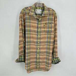 Robert Graham Multicolored Plaid Button Down Shirt Orange Blue Size XL